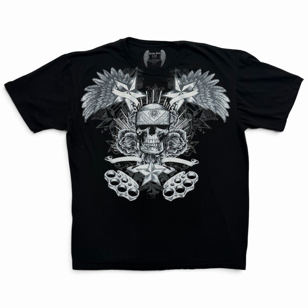 Vintage Y2K Carbon Black T Shirt Mens 2XL Skull Goth Grunge Cross Graphic Biker